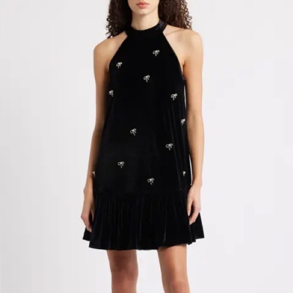 🆕 CECE Rhinestones Bow Sleeveless Halter Velvet Dress